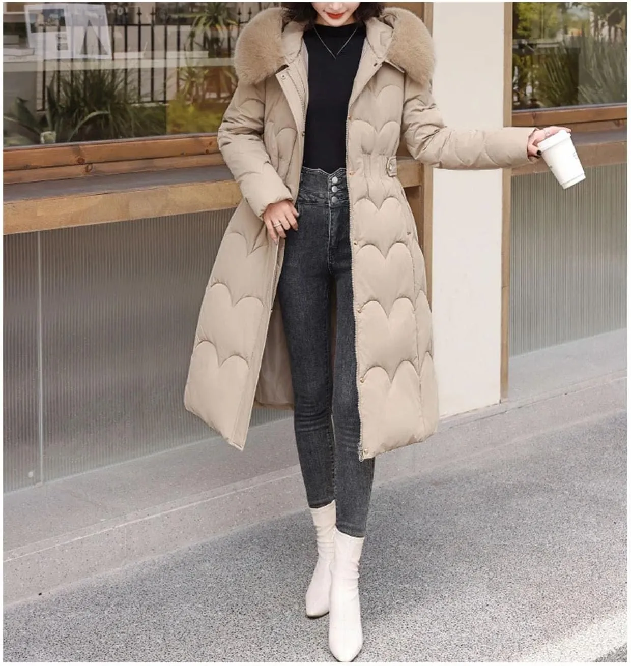 Women Plush Hooded Wave Thick Parka Coat Classic Button Pockets Long Cotton-Padded Jacket