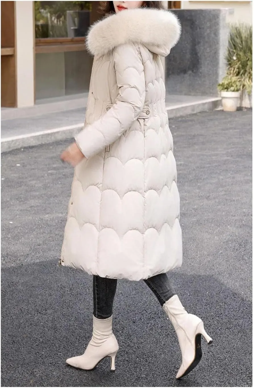Women Plush Hooded Wave Thick Parka Coat Classic Button Pockets Long Cotton-Padded Jacket