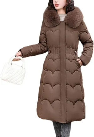 Women Plush Hooded Wave Thick Parka Coat Classic Button Pockets Long Cotton-Padded Jacket
