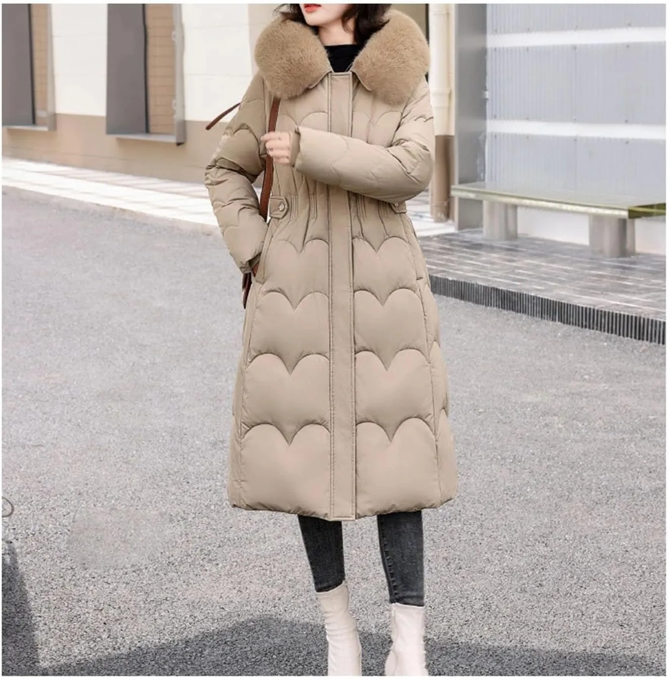 Women Plush Hooded Wave Thick Parka Coat Classic Button Pockets Long Cotton-Padded Jacket