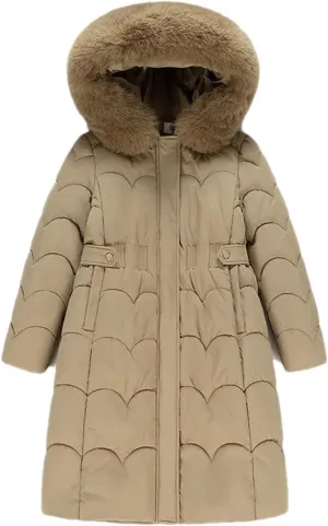 Women Plush Hooded Wave Thick Parka Coat Classic Button Pockets Long Cotton-Padded Jacket