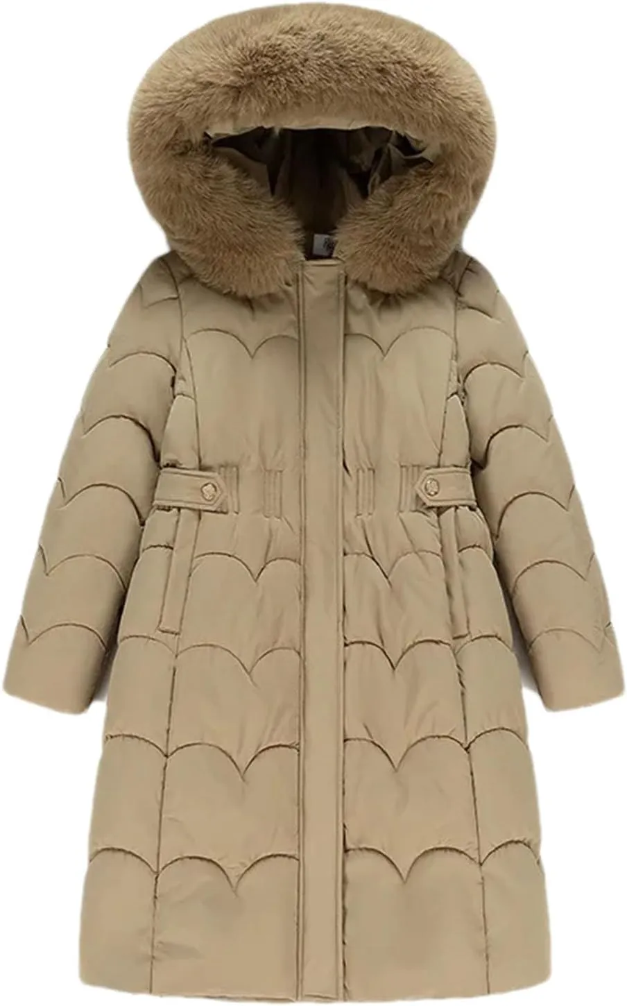 Women Plush Hooded Wave Thick Parka Coat Classic Button Pockets Long Cotton-Padded Jacket
