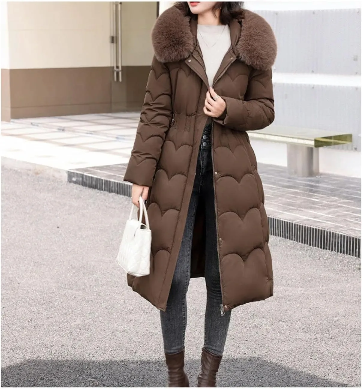 Women Plush Hooded Wave Thick Parka Coat Classic Button Pockets Long Cotton-Padded Jacket