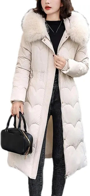 Women Plush Hooded Wave Thick Parka Coat Classic Button Pockets Long Cotton-Padded Jacket
