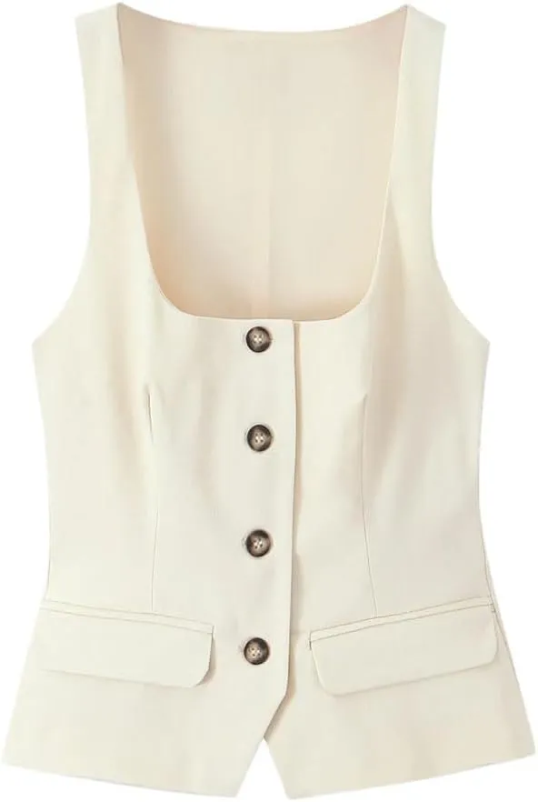 Women Sleeveless Solid Vests Square Neck Office Waistcoat Single-Breasted Outwear Tops