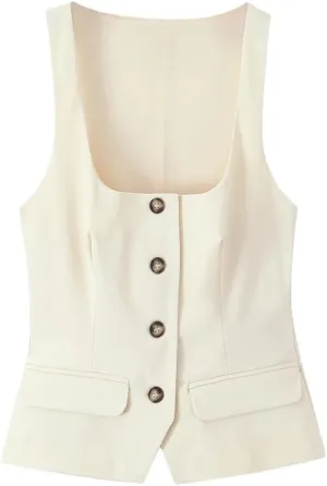 Women Sleeveless Solid Vests Square Neck Office Waistcoat Single-Breasted Outwear Tops