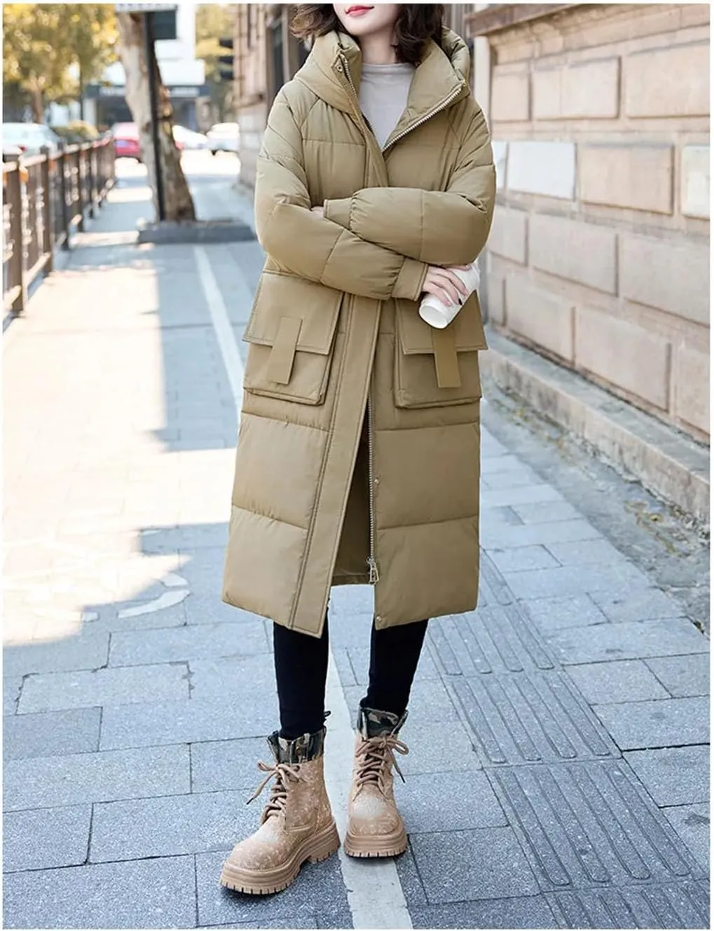 Women Solid Hooded Long Parka Coat Classic Pockets Zipper Button Cotton-Padded Jacket