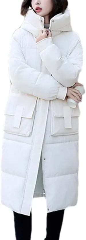 Women Solid Hooded Long Parka Coat Classic Pockets Zipper Button Cotton-Padded Jacket