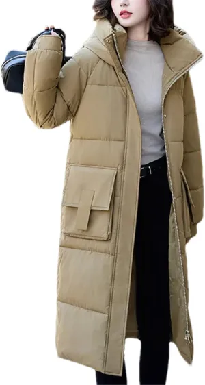 Women Solid Hooded Long Parka Coat Classic Pockets Zipper Button Cotton-Padded Jacket