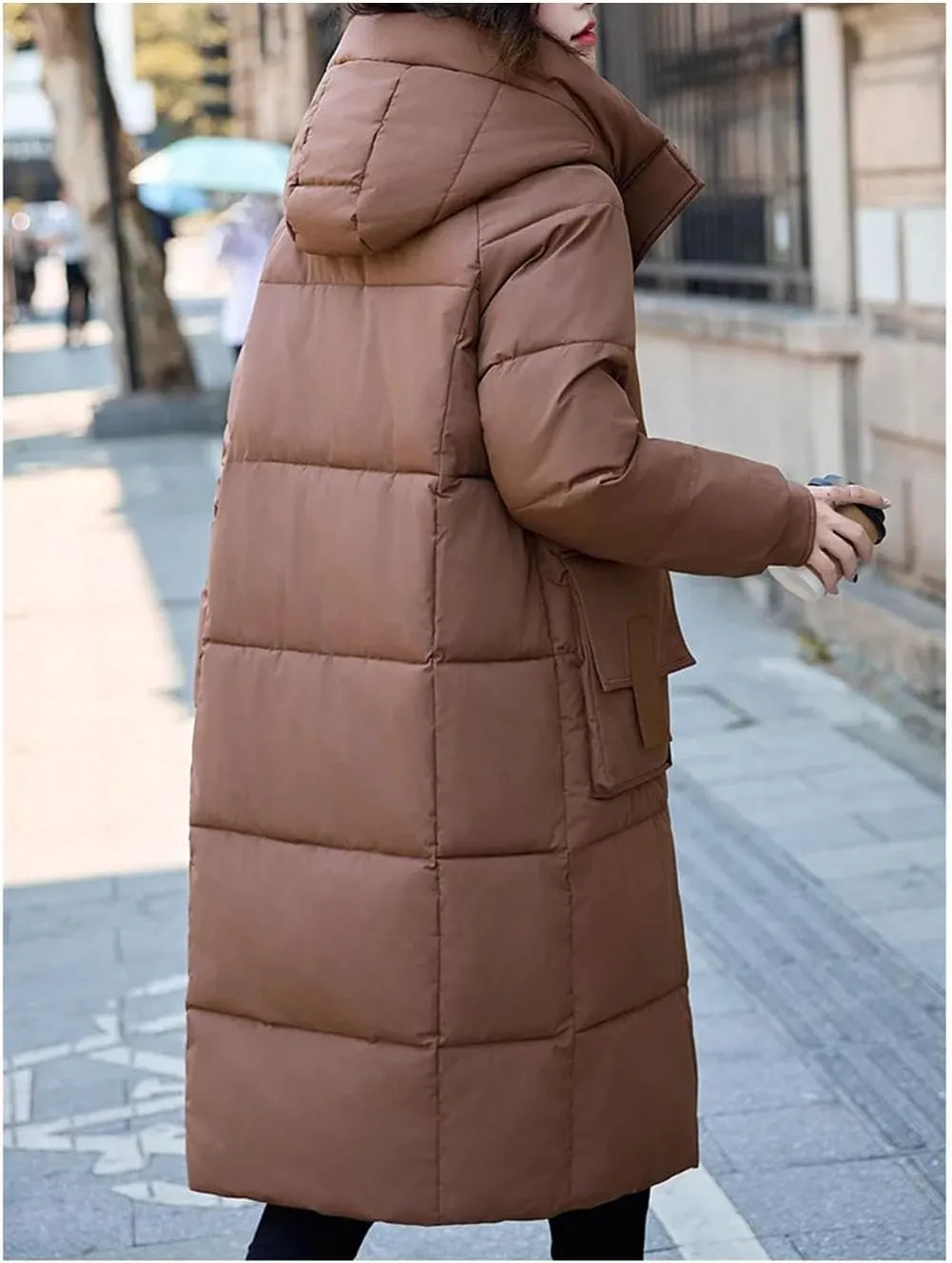 Women Solid Hooded Long Parka Coat Classic Pockets Zipper Button Cotton-Padded Jacket