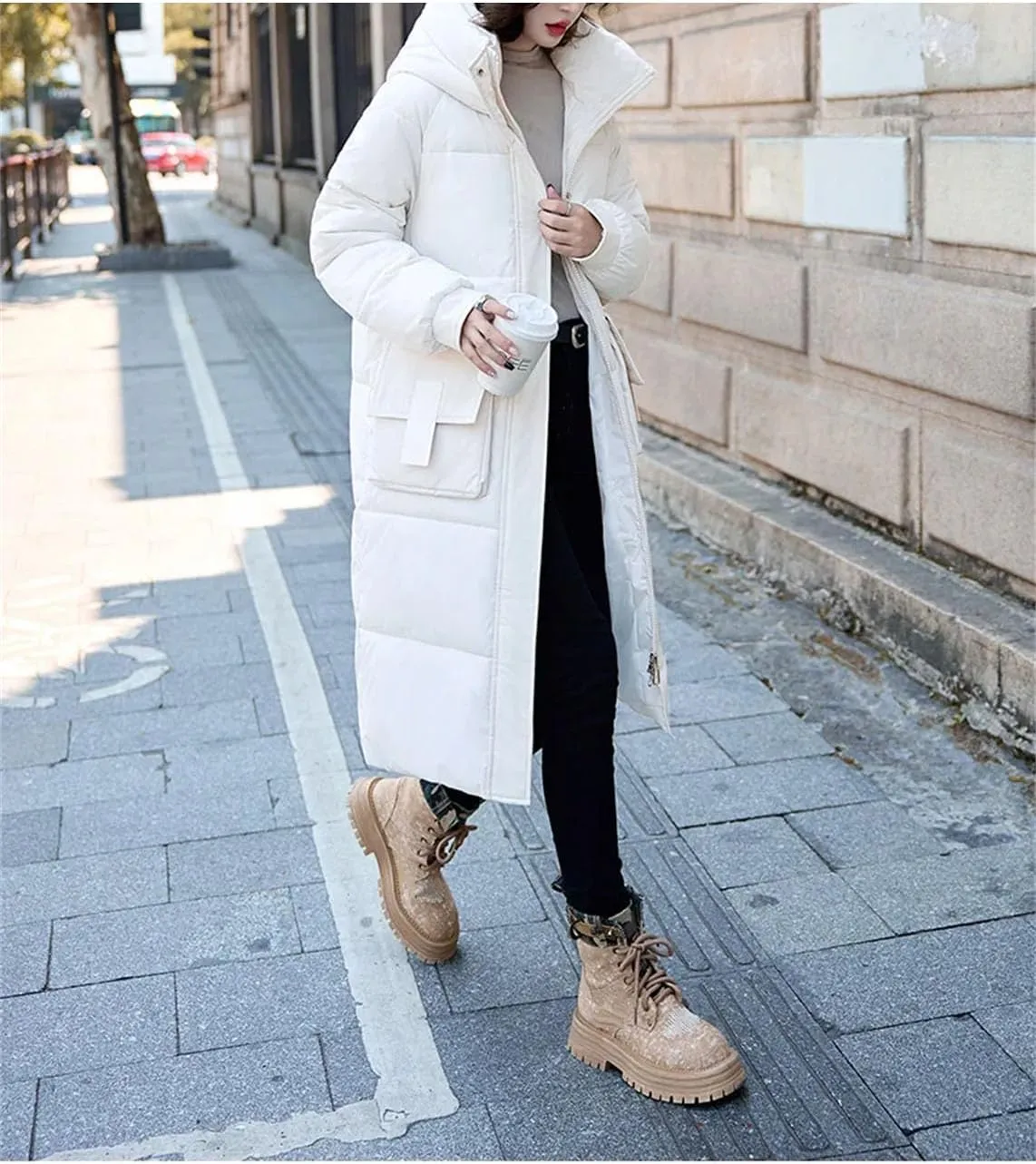 Women Solid Hooded Long Parka Coat Classic Pockets Zipper Button Cotton-Padded Jacket