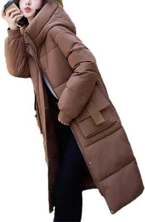 Women Solid Hooded Long Parka Coat Classic Pockets Zipper Button Cotton-Padded Jacket