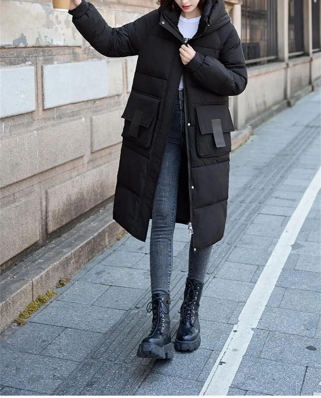 Women Solid Hooded Long Parka Coat Classic Pockets Zipper Button Cotton-Padded Jacket
