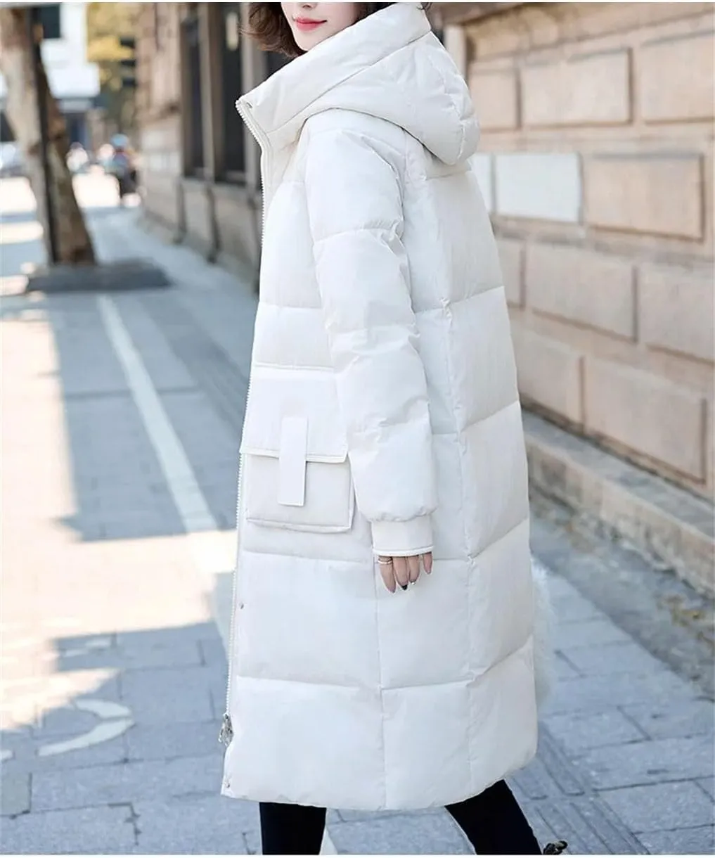 Women Solid Hooded Long Parka Coat Classic Pockets Zipper Button Cotton-Padded Jacket