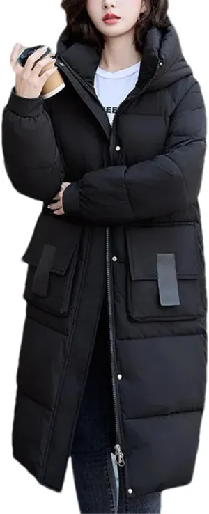 Women Solid Hooded Long Parka Coat Classic Pockets Zipper Button Cotton-Padded Jacket