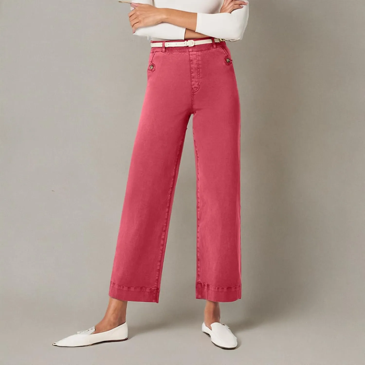 Women Stretch Twill Cropped Wide Leg Pant High Waist Casual Capri Pant Straight Leg Chino Pants Baggy Ankle Jeans