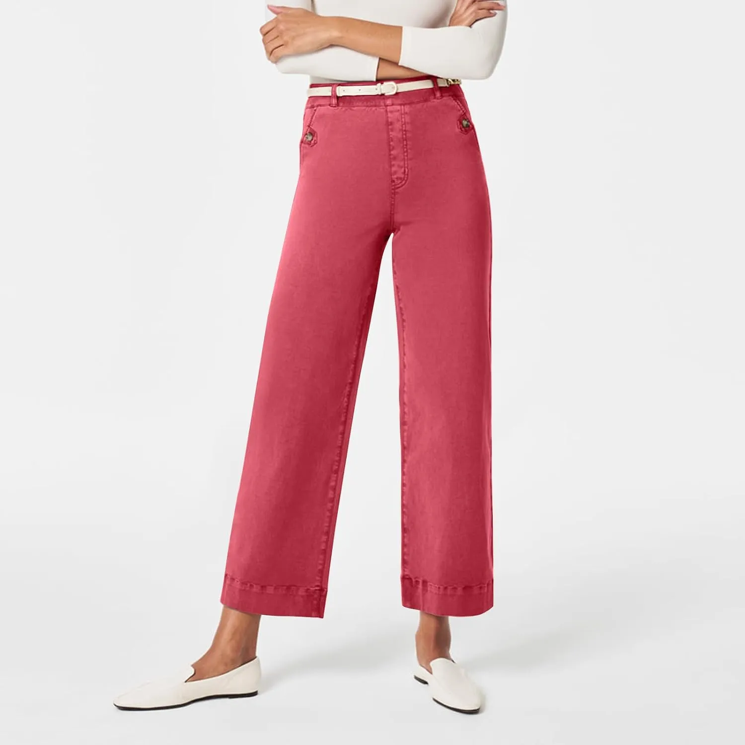 Women Stretch Twill Cropped Wide Leg Pant High Waist Casual Capri Pant Straight Leg Chino Pants Baggy Ankle Jeans