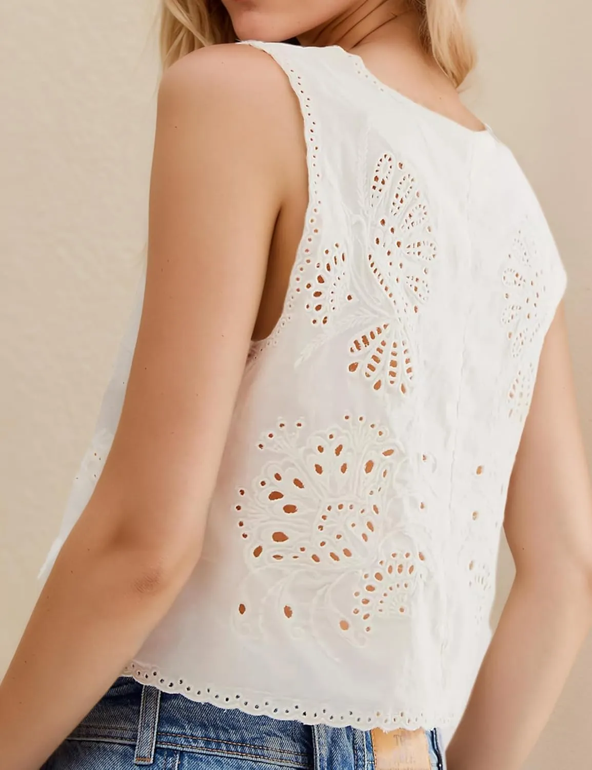 Women Summer Beach Boho Eyelet Embroidered Tie Front Tank Tops Sleeveless Button Down Fashion Cute 2025 Y2K Clothes