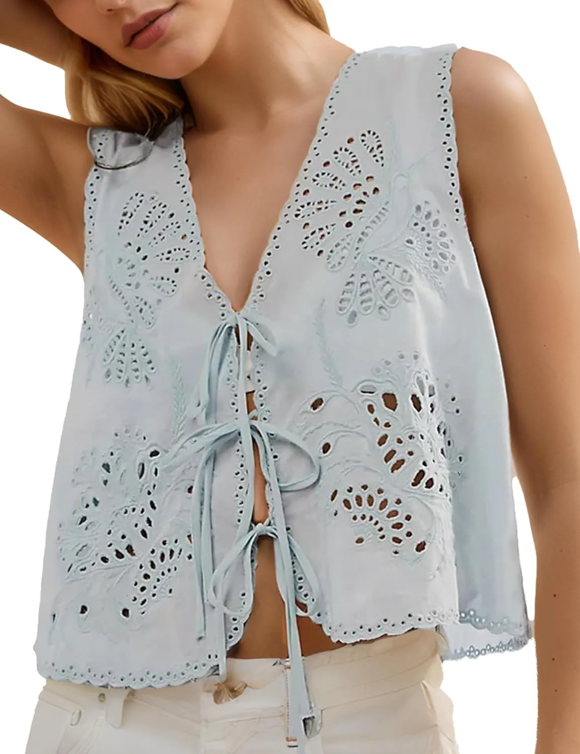 Women Summer Beach Boho Eyelet Embroidered Tie Front Tank Tops Sleeveless Button Down Fashion Cute 2025 Y2K Clothes
