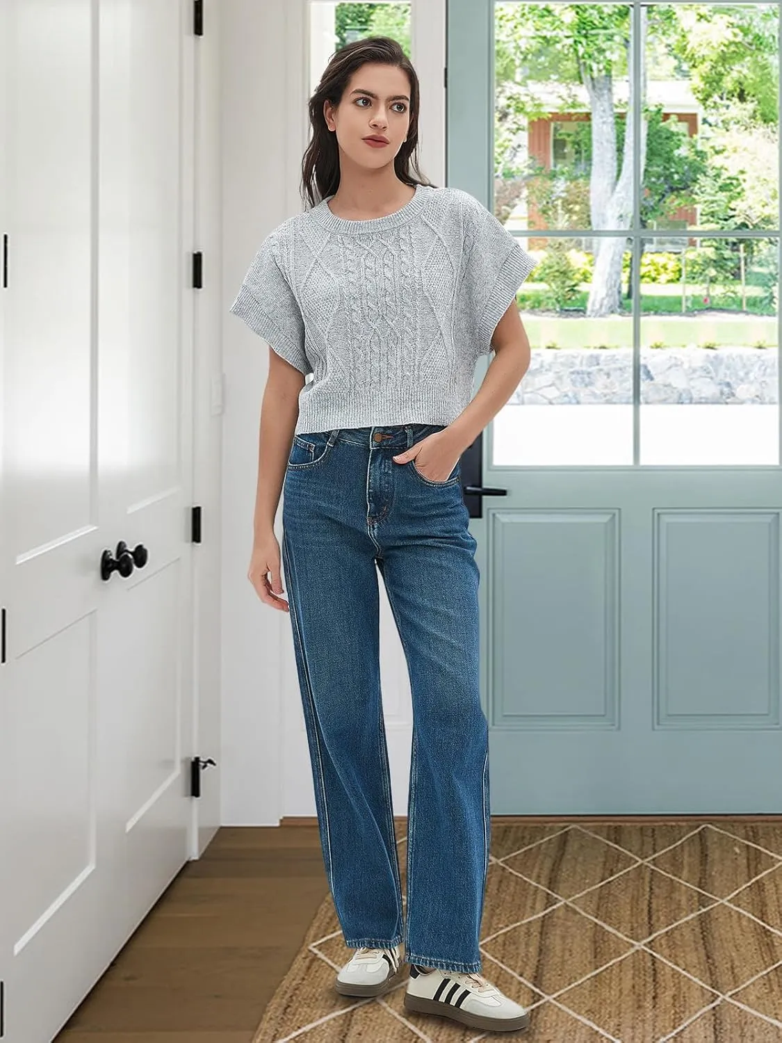 Women Sweater Vest Crewneck Trendy Cap Sleeve Crop Knit Vests Casual Loose Fit Lightweight Tops
