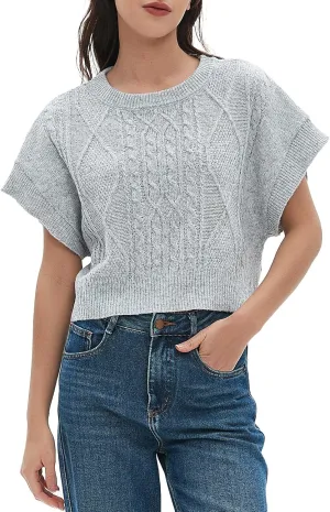 Women Sweater Vest Crewneck Trendy Cap Sleeve Crop Knit Vests Casual Loose Fit Lightweight Tops