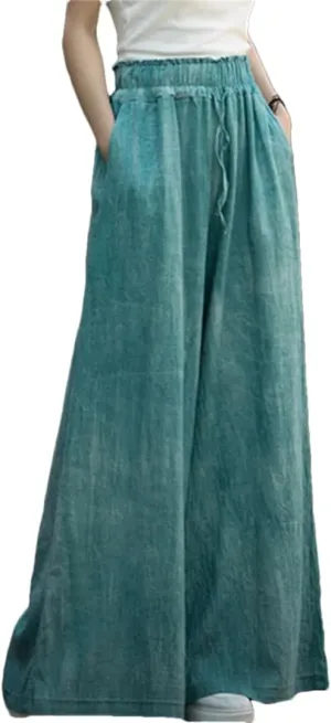 Women Vintage Cotton Linen High Waist Loose Large Size Cargo Trousers Wide Leg