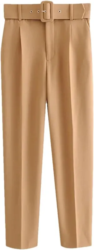 Women Vintage High Waist Pants Solid Zipper Pockets Office Lady Ankle Trousers with Belt