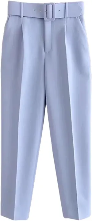 Women Vintage High Waist Pants Solid Zipper Pockets Office Lady Ankle Trousers with Belt
