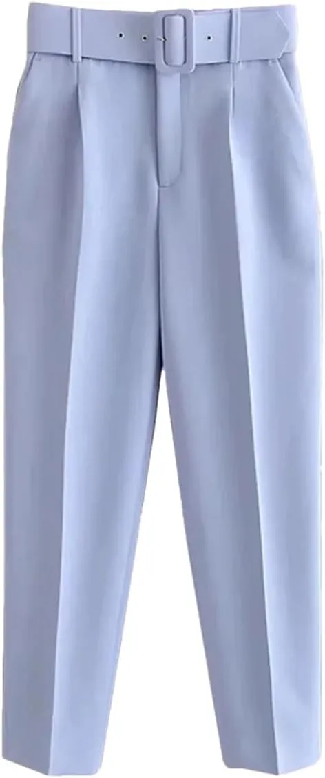Women Vintage High Waist Pants Solid Zipper Pockets Office Lady Ankle Trousers with Belt