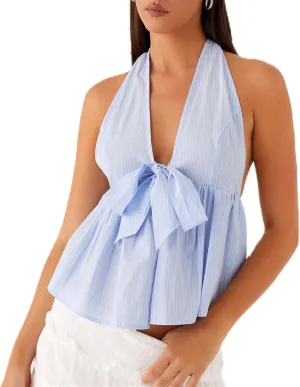 Women Y2k Halter Tank Top Sexy Tie Back Up Sleeveless Ruched Backless Camisole Vest Summer Going Out Party Clubwear