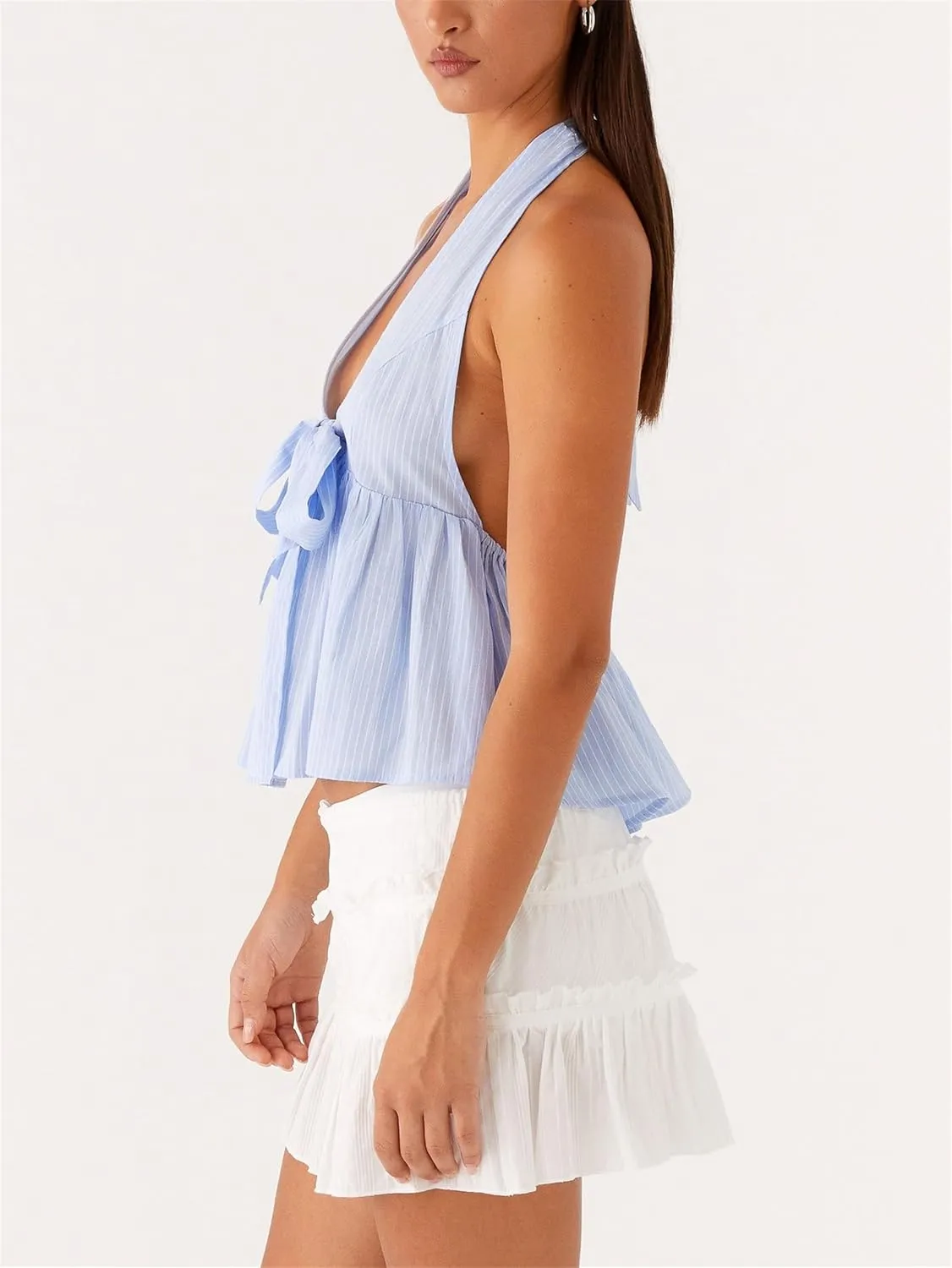 Women Y2k Halter Tank Top Sexy Tie Back Up Sleeveless Ruched Backless Camisole Vest Summer Going Out Party Clubwear