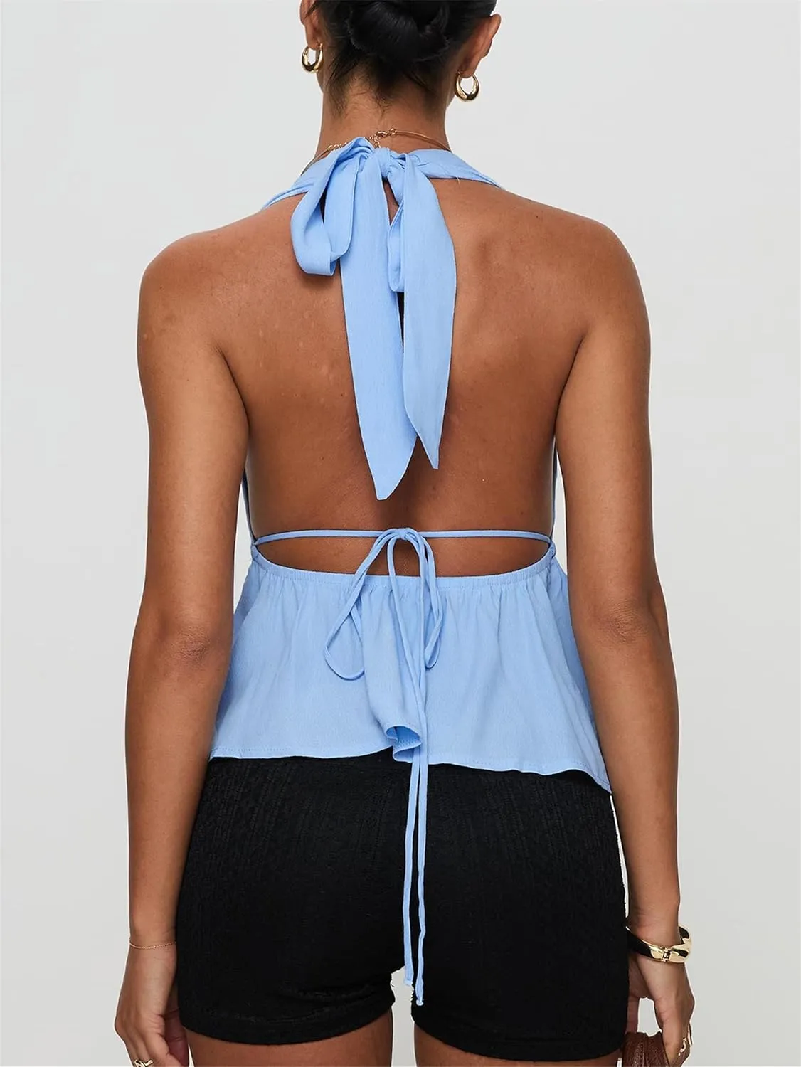 Women Y2k Halter Tank Top Sexy Tie Back Up Sleeveless Ruched Backless Camisole Vest Summer Going Out Party Clubwear