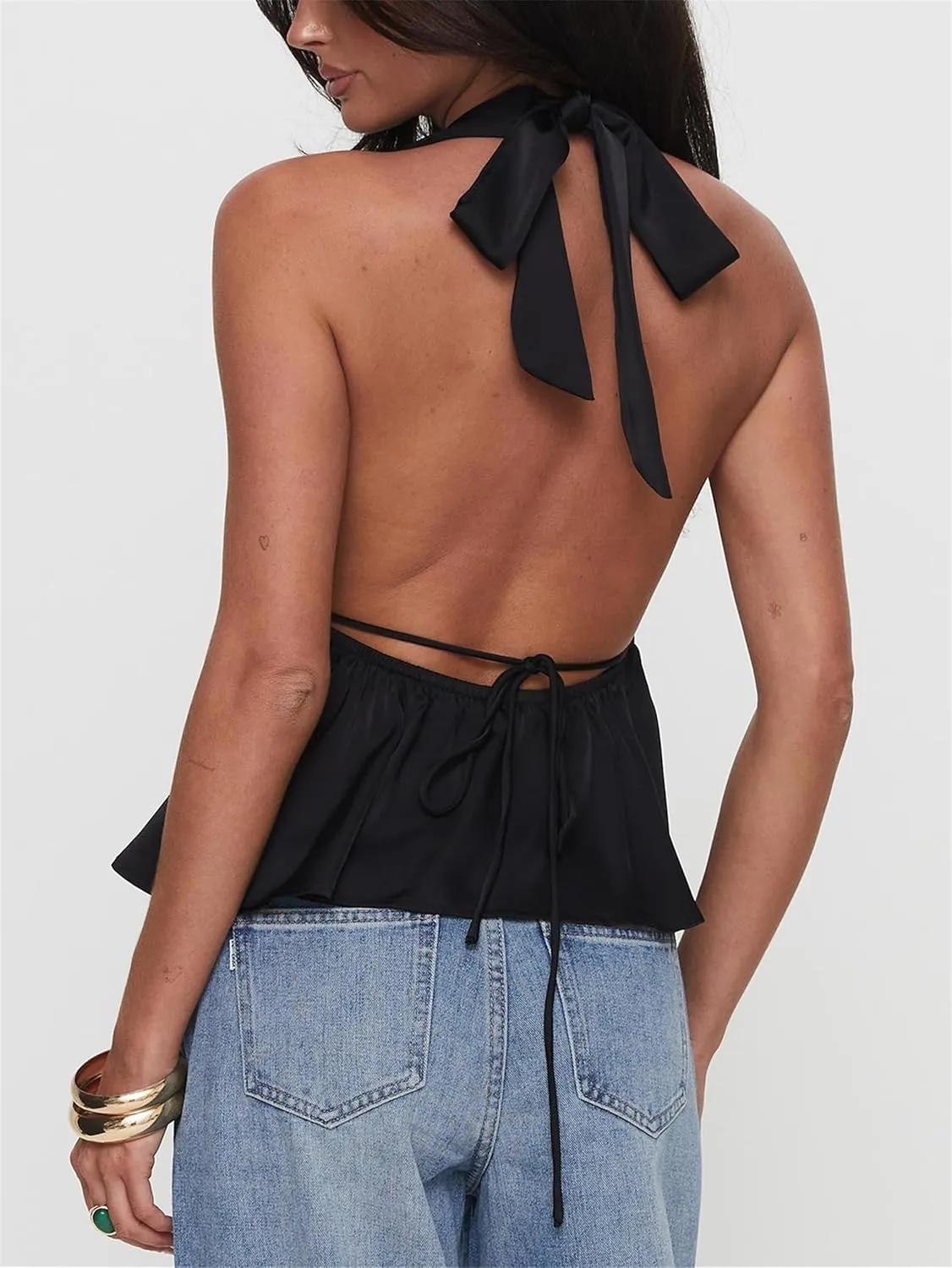 Women Y2k Halter Tank Top Sexy Tie Back Up Sleeveless Ruched Backless Camisole Vest Summer Going Out Party Clubwear
