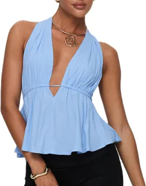 Women Y2k Halter Tank Top Sexy Tie Back Up Sleeveless Ruched Backless Camisole Vest Summer Going Out Party Clubwear