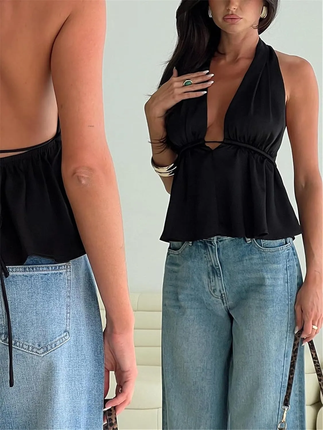 Women Y2k Halter Tank Top Sexy Tie Back Up Sleeveless Ruched Backless Camisole Vest Summer Going Out Party Clubwear