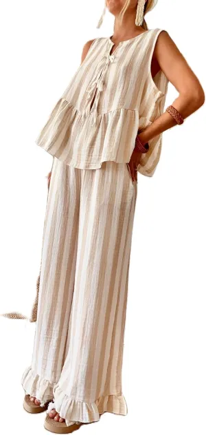 Women Y2K Tie Front 2 Piece Pants Outfit Striped Open Front Vest Top Wide leg Lounge Pants Summer Going Out Set