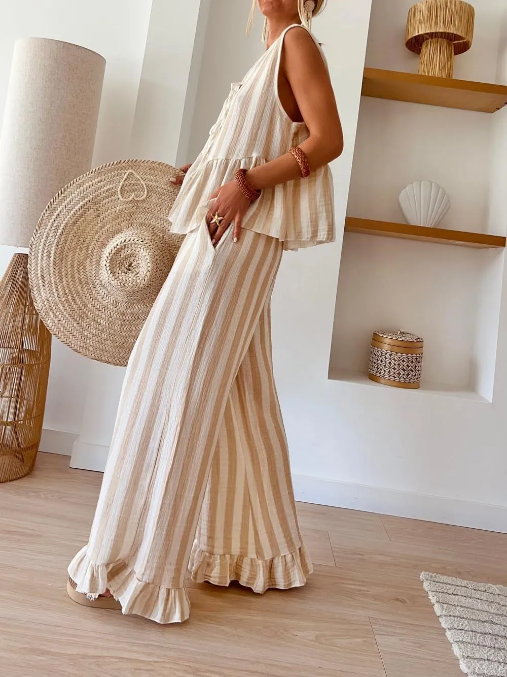 Women Y2K Tie Front 2 Piece Pants Outfit Striped Open Front Vest Top Wide leg Lounge Pants Summer Going Out Set