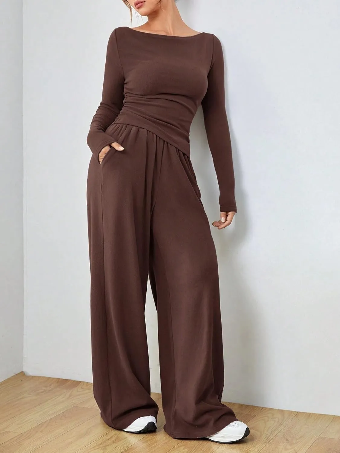 Women's 2 Piece Lounge Set Long Sleeve Pants Set Wide Leg Casual Outfits Pajama Sweatsuits Tracksuits