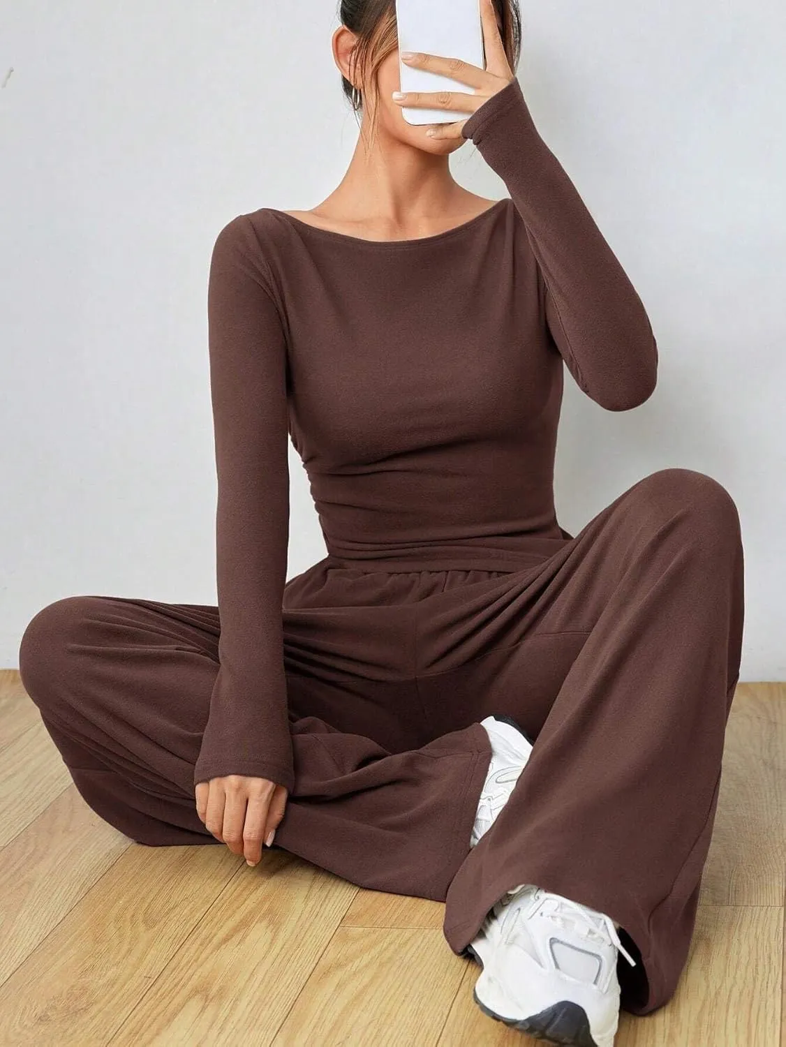 Women's 2 Piece Lounge Set Long Sleeve Pants Set Wide Leg Casual Outfits Pajama Sweatsuits Tracksuits