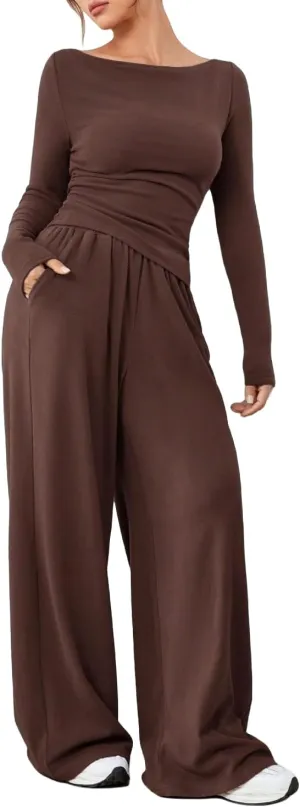 Women's 2 Piece Lounge Set Long Sleeve Pants Set Wide Leg Casual Outfits Pajama Sweatsuits Tracksuits