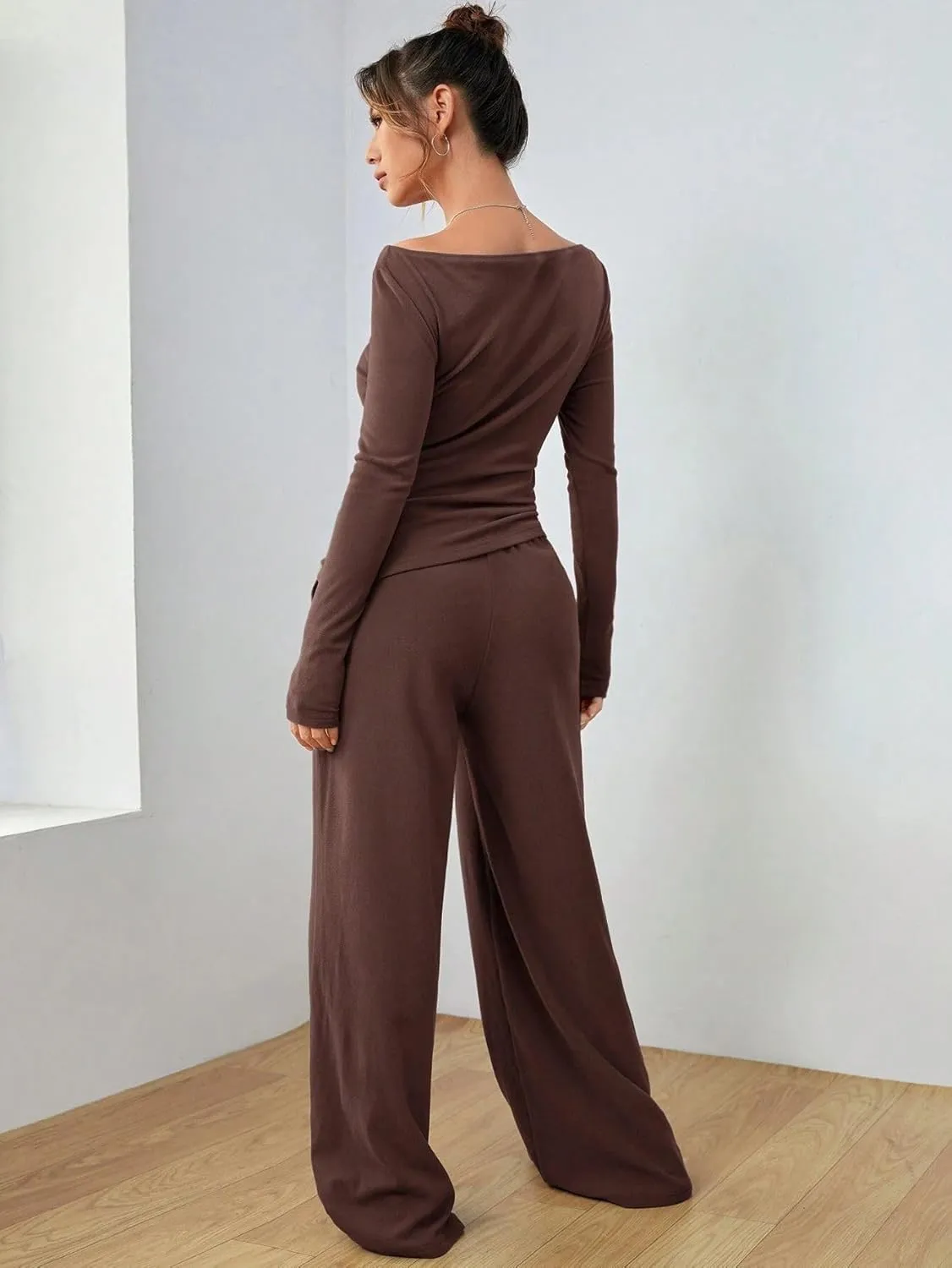 Women's 2 Piece Lounge Set Long Sleeve Pants Set Wide Leg Casual Outfits Pajama Sweatsuits Tracksuits