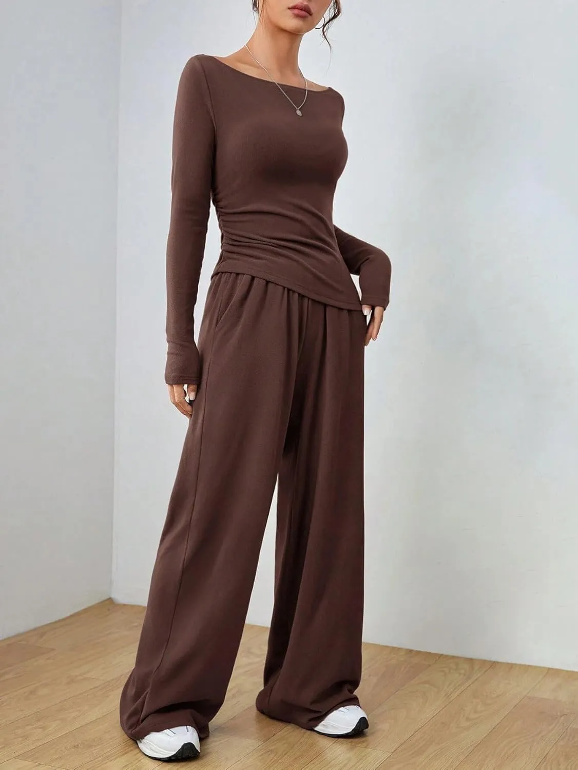 Women's 2 Piece Lounge Set Long Sleeve Pants Set Wide Leg Casual Outfits Pajama Sweatsuits Tracksuits