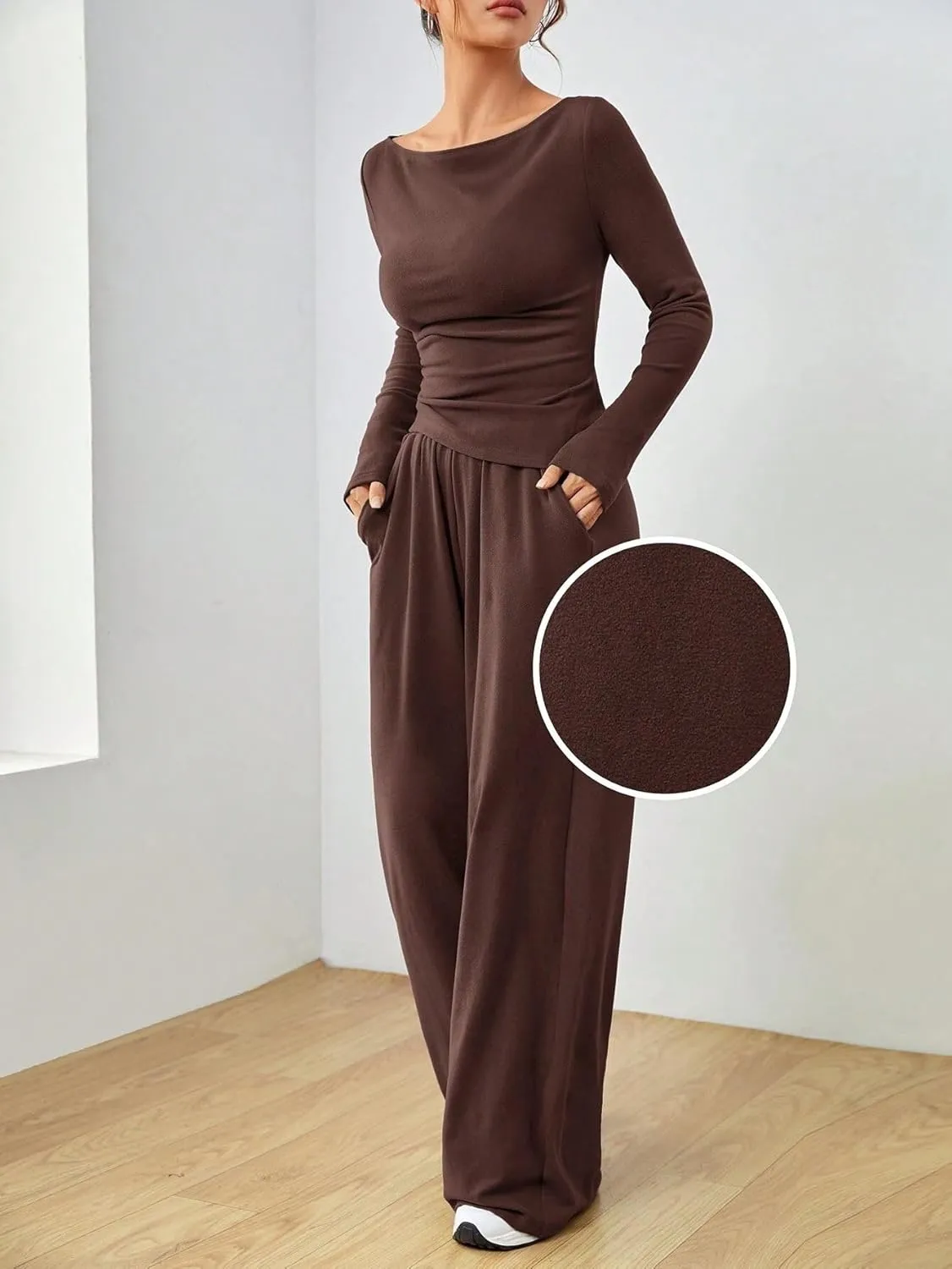 Women's 2 Piece Lounge Set Long Sleeve Pants Set Wide Leg Casual Outfits Pajama Sweatsuits Tracksuits