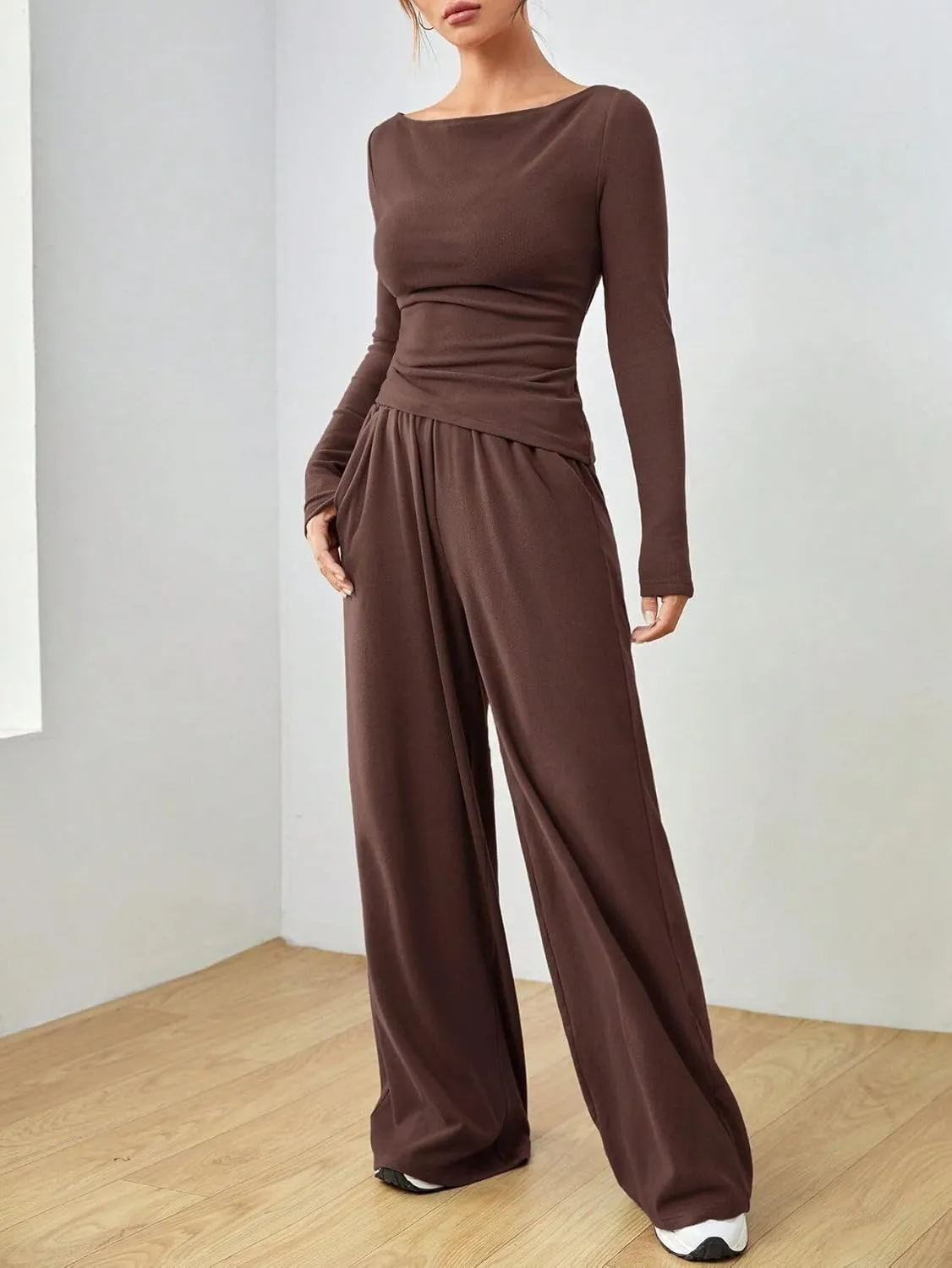 Women's 2 Piece Lounge Set Long Sleeve Pants Set Wide Leg Casual Outfits Pajama Sweatsuits Tracksuits