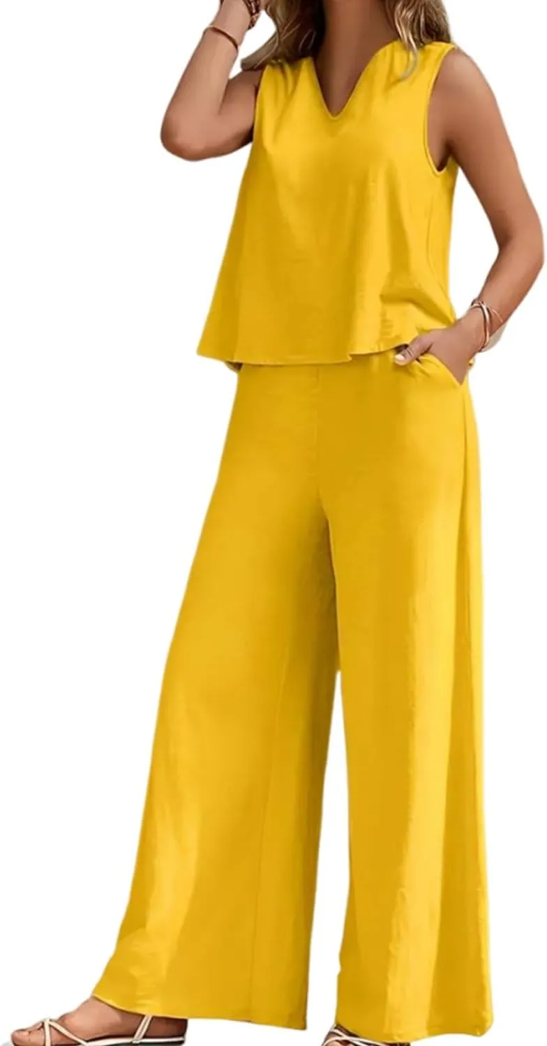 Women's 2 Piece Summer Outfits Sleeveless Crop Top Wide Leg Pants with Pockets Matching Lounge Sets