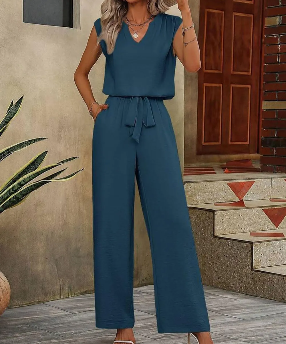 Women's 2 Piece Summer Outfits Sleeveless Crop Top Wide Leg Pants with Pockets Matching Lounge Sets