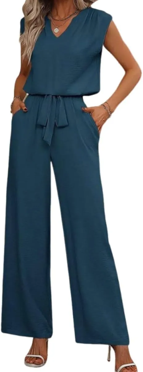 Women's 2 Piece Summer Outfits Sleeveless Crop Top Wide Leg Pants with Pockets Matching Lounge Sets