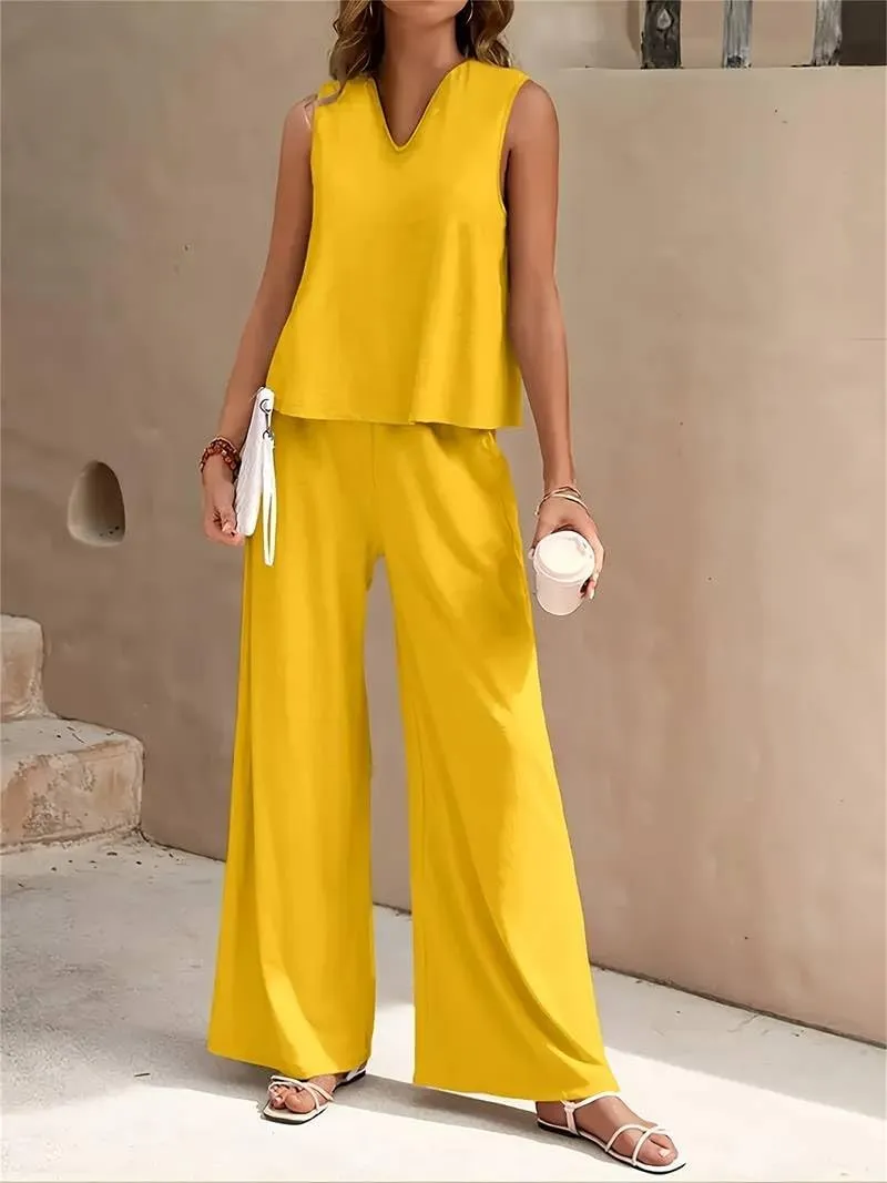 Women's 2 Piece Summer Outfits Sleeveless Crop Top Wide Leg Pants with Pockets Matching Lounge Sets