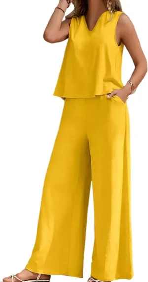 Women's 2 Piece Summer Outfits Sleeveless Crop Top Wide Leg Pants with Pockets Matching Lounge Sets