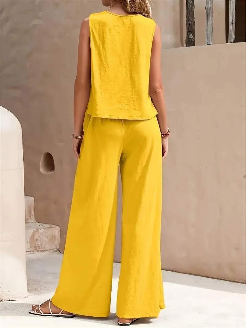 Women's 2 Piece Summer Outfits Sleeveless Crop Top Wide Leg Pants with Pockets Matching Lounge Sets